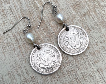 V Nickel Earrings with Freshwater pearl and stainless steel ear wires