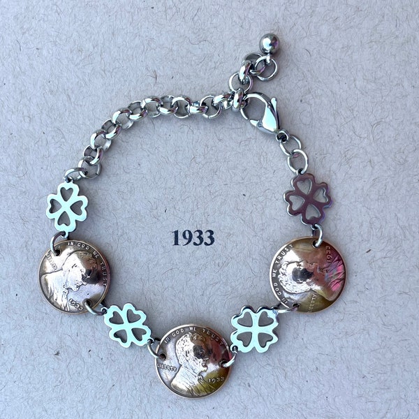 1933 Penny Bracelet with Stainless Steel Four Leaf Clovers