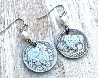 Buffalo Nickel Earrings with Freshwater pearls and stainless steel ear wires