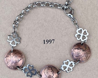 1997 Penny Bracelet with stainless steel four leaf clovers