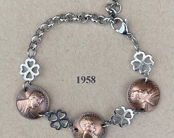 1958 Penny Bracelet with Stainless Steel Four Leaf Clovers