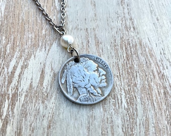 Buffalo Nickel Necklace with Freshwater pearl and stainless steel 20” chain