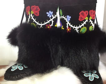 Mukluk DIY Kit ~ pattern/ instructions , suede, rabbit fur, foot lining, leg linings, pom poms, needle, thread. NEW Video Tutorial Included!