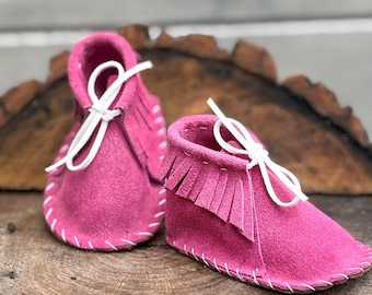 Premium Pink Suede Baby Fringe Moccasins