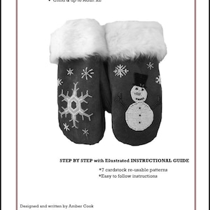 May include: A black and white instructional guide for making leather mittens. The guide includes seven cardstock patterns and easy-to-follow instructions. The image shows a pair of grey leather mittens with white fur trim and snowflake and snowman bead embroidery.