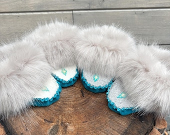 Teal moose hide, Grey faux fur, Baby moccasins