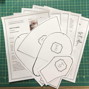 Op de afbeelding: Een set witte papieren patronen voor het maken van wanten. De patronen zijn gelabeld met instructies voor het knippen en naaien. De tekst op het papier zegt "How to Make Gauntlets pt. 1 Instructional Guide".