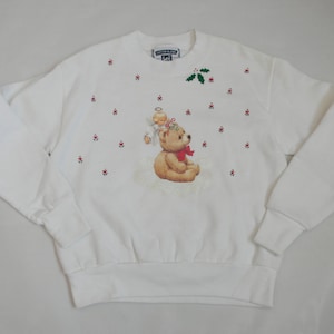 Vintage 1990's Girls Hand Painted White Christmas Sweatshirt With Adorable Angel And Teddy Bear Applique Size Small