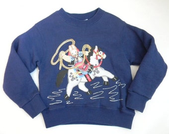 Vintage 1990's Hand Painted Boys Navy Blue Sweatshirt With  Western Themed  "Cow Bunny" Applique Size Small