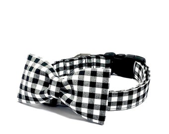 The ‘Check Mate’ Collar + Bow Tie Set Dog Collar Set Cat Collar Set Black White Check Dapper Boy Design Checkered Gingham Set Trendy Collar