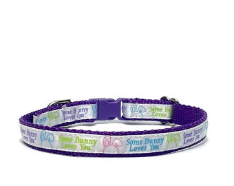 The 'Some Bunny Loves You' Collar, Easter cat collar, purple collar, spring dog collar, xs dog collar, bunny collar, adjustable collar bell