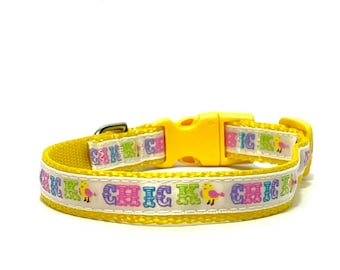 The 'Hey Chicky!' Collar, chicks dog collar, Easter dog collar, yellow collar, yellow chicks, girl collar, adjustable Easter cat collar bell