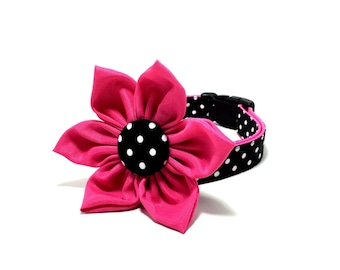 The ‘Poppin’ Hot Pink’ Polka Dot Dog Collar, Collar with Matching Flower Bow, Preppy Girl Dog Collar with Bow, Bright Bow, Collar Accessory