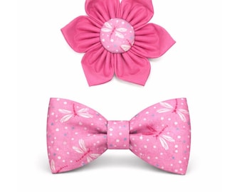 「Dragonfly Delight」ピンクコットン製猫犬用蝶ネクタイ、ペット用首輪アクセサリー、フラワーリボン