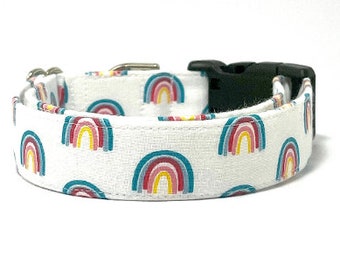 The 'Rainbow Delight' Collar, rainbow dog collar, summer xl dog collar, medium or large dog summer collar, rainbow print, adjustable collar