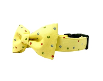 The 'Get Spotted' Collar + Bow Tie, Easter dog collar, polka dots cat collar, removable bow, spring girl cat collar yellow Easter dog collar