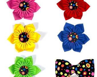 The 'Retro Remix' Bow Tie or Flower Bow Bright Circles Cat Bow Tie Large Dots Bow Fun Retro Design Pet Bow Removable Collar Accessory Bright