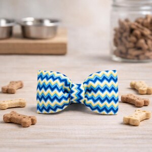 May include: A blue, yellow, and white chevron patterned bow tie for a pet. The bow tie is surrounded by dog biscuits on a light wooden surface. In the background are stainless steel bowls and a jar of dog treats.