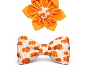 「エレファントパレード」オレンジコットン猫犬用蝶ネクタイ、動物、ペット用首輪アクセサリー、野生動物、サファリ、フラワーリボン