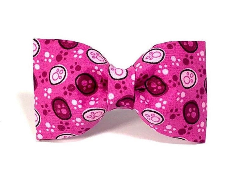 「Paw-some In Pink」足跡柄犬用蝶ネクタイ、取り外し可能な首輪アクセサリー、ピンクの花のリボン 画像 3