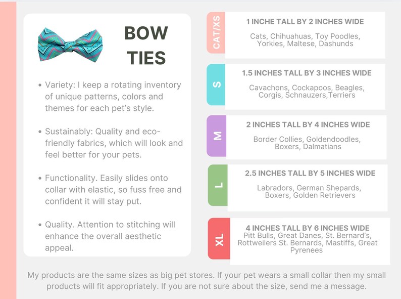 以下が含まれることがあります： ペット用のターコイズとブルーの模様の蝶ネクタイ。画像には、猫用の高さ2.5cm&times;幅5cmから大型犬用の高さ10cm&times;幅15cmまで、さまざまな犬種に対応したサイズガイドが含まれています。