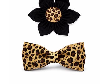 「ウォーク・オン・ザ・ワイルド」ヒョウ柄ペット用蝶ネクタイ、コットン製首輪アクセサリー、ハンドメイド、スライド式首輪アクセサリー、フラワーリボン