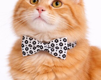 The ‘Flower Power’ Black Cat Dog Bow, Cotton Pet Collar Accessory, Collar Accessories, Removable Collar Bow, Summer Flower Bowtie, Girly Bow