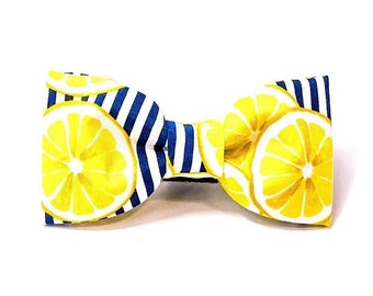The 'Main Squeeze' Dog Bow Tie Lemons Design Summer Bow Girl Bowtie Elastic Strips Bow Removable Collar Accessory Pet Bow Food Theme Bow Tie