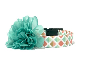 The Fashionista Collar + Bow, spring dog collar, 4 inch teal chiffon flower, large girl collar set, elastic, removable bow, xl dog collar