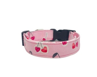 The ‘Cherry Bliss’ Collar, summer dog collar, heart design collar, fabric dog collar, adjustable, fruit girl collar, girl dog collar,