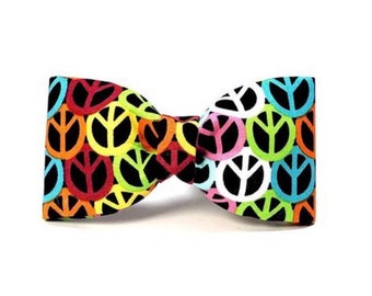 The ''Peaceful Vibes' Bow Tie Retro Cat and Dog Bowtie  Peace Sign Hippie Collar Elastic Removable Collar Accessory Summer Vibes Fun Pet Bow