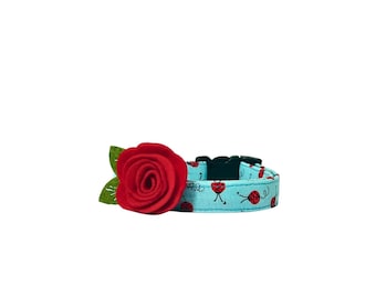 The 'Ladybug Luck' Collar + Felt Flower Summer Kitten Cat and XS Dog Collar Blue Spring Red Felt Corsage Elastic Removable Collar Accessory