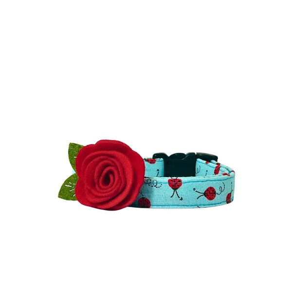 The 'Ladybug Luck' Collar + Felt Flower Summer Kitten Cat and XS Dog Collar Blue Spring Red Felt Corsage Elastic Removable Collar Accessory