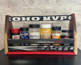 Hockey Stick Spice Rack – Reclaimed Stick Organizer with Custom Name, Coach Gift, Kitchen or Grill Storage