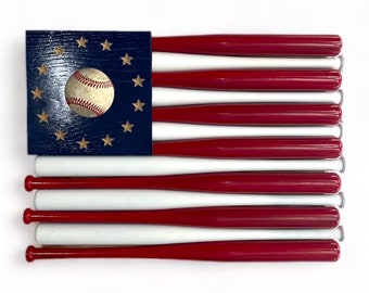 Baseball Bat American Flag Wall Art | Mini Baseball Bat Stripes | Upcycled Baseball Embedded 13 Colony Stars | Coach, Dad, or Man Cave Gift