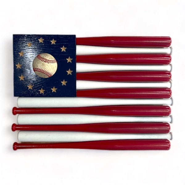 Baseball Bat American Flag Wall Art | Mini Baseball Bat Stripes | Upcycled Baseball Embedded 13 Colony Stars | Coach, Dad, or Man Cave Gift