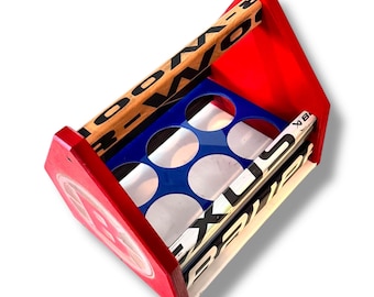 Custom Hockey 6-Pack Beer Carrier | Salvaged Hockey Sticks |  Wood Ends | Team Colors & Personalization Options | Hockey Puck Bottle Opener