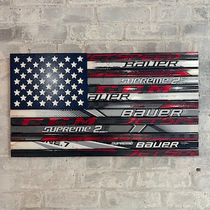 Custom-Made Epic Hockey Stick American Flag | Handmade Upcycled Hockey Sticks, Barnwood, Acrylic | Coaches, Dads, Seniors, Man Cave Gifts
