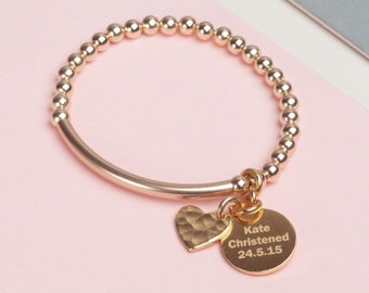 14k Yellow Gold Filled Modern Pendant Christening Bracelet in Gift Box, Stretch Baby Bracelet for New Baby