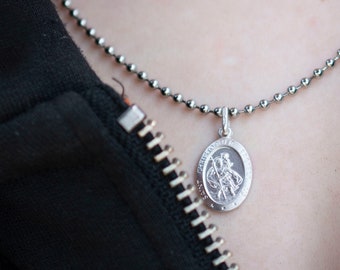 Oval Sterling St Christopher on Dog Tag Chain | Army Style Steel Ball Necklace with Engraved St Christopher Pendant | Gift Boxed