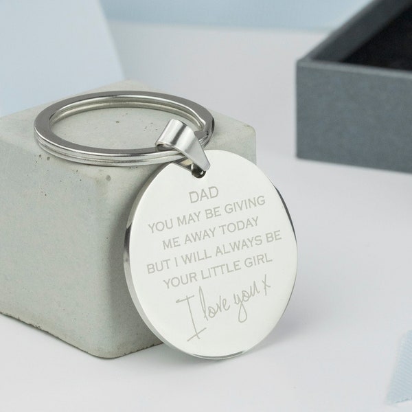 Giving Me Away Dad Wedding Day Keyring | Father of The Bride Gift | 35mm Key fob | Polished Steel Keyring | Engraved | Gift Box Option