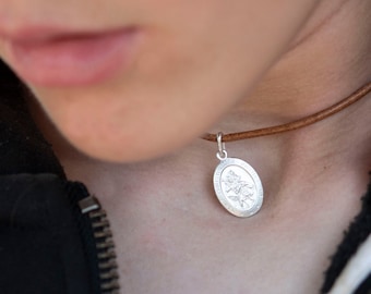 Oval Sterling St Christopher on Leather Necklace, Sterling Silver Engraved St Christopher Pendant on Adjustable Brown Leather Necklace