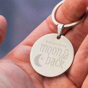 Love You To The Moon & Back Keyring | Personalised Steel Keyring | Romantic Gift | Key Fob | Stainless Steel Keyring | 35mm | Cotton Bag