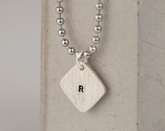 Hand Stamped Square Tag on Dog Tag Chain | Sterling Silver Tag on Steel Army Inspired Steel Ball Chain | Gift Boxed