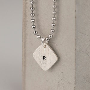 Hand Stamped Square Tag on Dog Tag Chain Sterling Silver Tag on Steel Army Inspired Steel Ball Chain Gift Boxed image 1