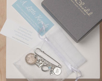 Engraved Wedding Bridal Pin | Something Old | New | Borrowed | Blue | Silver Personalised Pin | Bridal Gift with Old Lucky Sixpence | Boxed