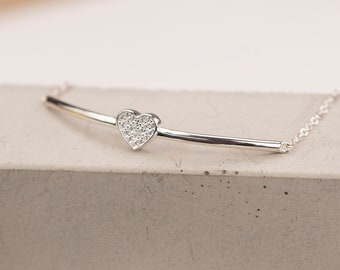 Pave Heart Bracelet with Gift Box | 17cm | Bridesmaid Gift | Wedding Bracelet | Extender Chain | Cubic Zirconia Sterling Silver 925