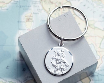 Porte-clés Saint-Christophe en argent sterling 925, argent sterling, cadeau de voyageur, porte-clés aventure, porte-clés, cadeau de voyage, 24 mm, boîte cadeau