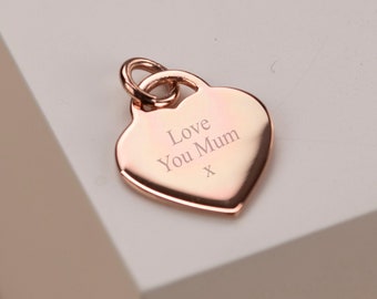 16mm Polished Rose Gold Engraved Heart Pendant | Special Message, Initial or Numbers Engraved | Includes thick Rose Gold Jump Ring