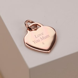16mm Polished Rose Gold Engraved Heart Pendant | Special Message, Initial or Numbers Engraved | Includes thick Rose Gold Jump Ring